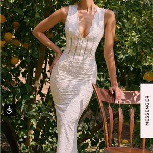 House of CB - SOPHINA - White Broderie Anglais Plunge Maxi Dress